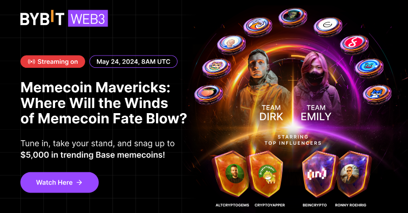 Bybit_Official's tweet photo. #Memecoin Mavericks: Vote in the Fiery Debates &amp; Win Up to $5,000 in #Base Memecoins!

Join Dirk and Emily for a spirited debate, should memecoins prioritize seriousness and purpose, or embrace the vibes and tribes?

📆 Live on May 24, 2024, 8AM UTC

📺 Click Watch Here!