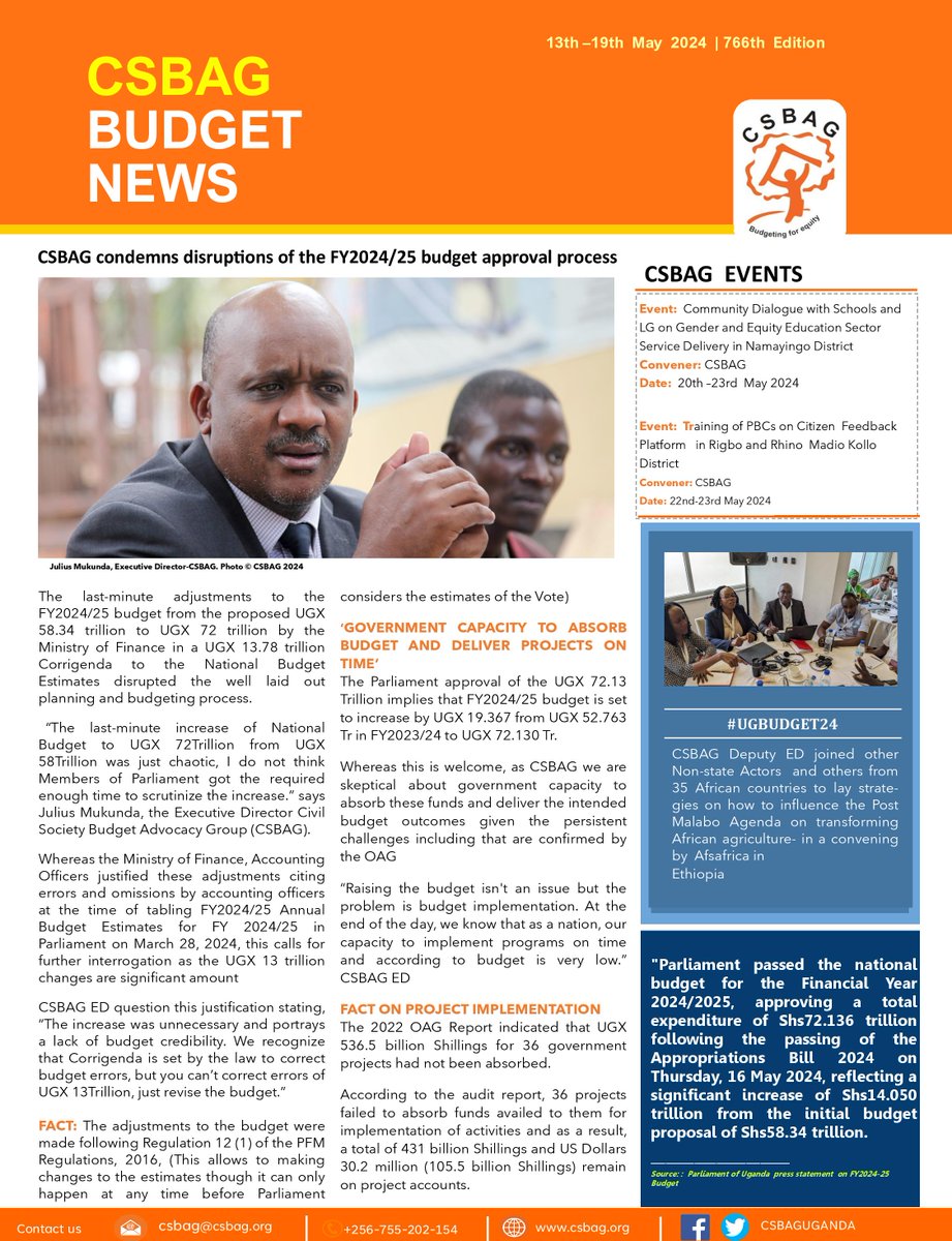 . @CSBAGUGANDA condemns disruptions of the FY2024/25 budget approval process. Get the detailed newsletter via csbag.org/download/csbag…. @JuliusMukunda @Parliament_Ug @p_muhangi @ACODE_Uganda @SEATINIUGANDA @namagembeck #UGBUDGET24 #KnowYourBudget24