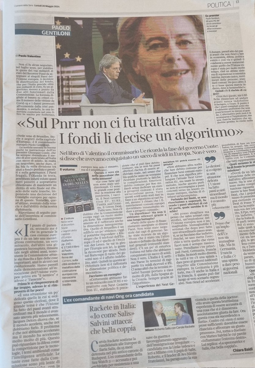 L'intervista del giorno.
Altro che dura battaglia per ottenere i fondi del Pnrr. Tutto deciso da un algoritmo, rivela Gentiloni. Messo a punto da due burocrati Ue. O lan de si! #Rassegnati