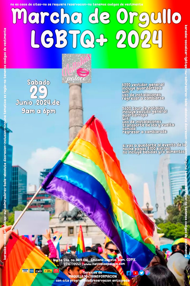 NATTALIASPALACE's tweet photo. MARCHA LGBTIQ+ 2024
✪SAB.29.JUN.2024
✪de 9am a 6pm
✪$220 vestidor general
$600 tour de natalias
✪SNACK
✪WIFI
✪VESTIDOR GRAL
✪GUARDARROPA
✪REGRESAR A CAMBIARSE DESPUES DE LA MARCHA
✪NRDA
#orgullo #fiesta24M #transexual #fiest https://t.co/b0xICOKzf2