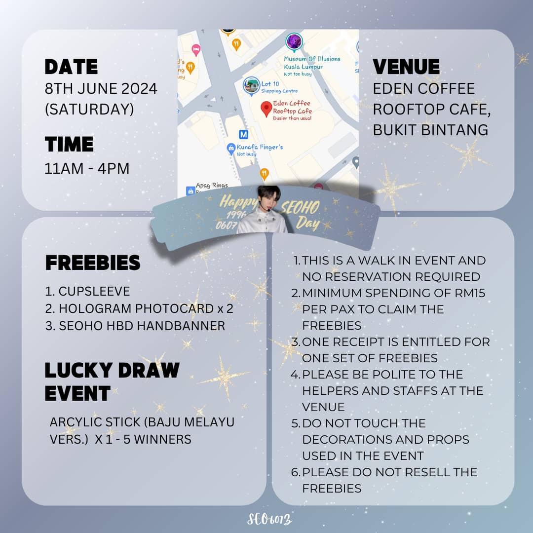 ✨ HAPPY SEOHO DAY CUPSLEEVE EVENT IN MY ✨

You're invited!!
📅8th June 2023 (SAT)
🕒11am - 4pm
📍Eden Coffee Rooftop Cafe, Bukit Bintang

Feel free to DM me any Qs about the event!

#Seoho #서호 #원어스 #ONEUS