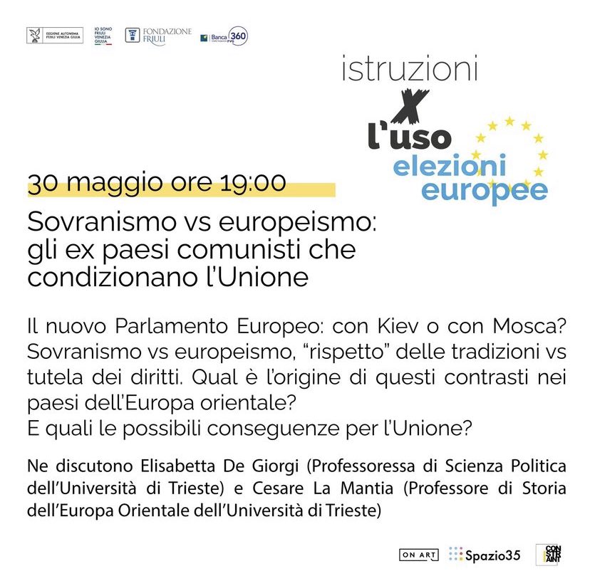 Comincia questa settimana il nuovo ciclo di “Istruzioni per l’uso”, questa volta dedicato alle elezioni europee. Vi aspettiamo a Udine, allo Spazio35, giovedì 23 e 30 maggio, alle 19! Insieme a @Zulianello_M e C. La Mantia di @UniTrieste 😎