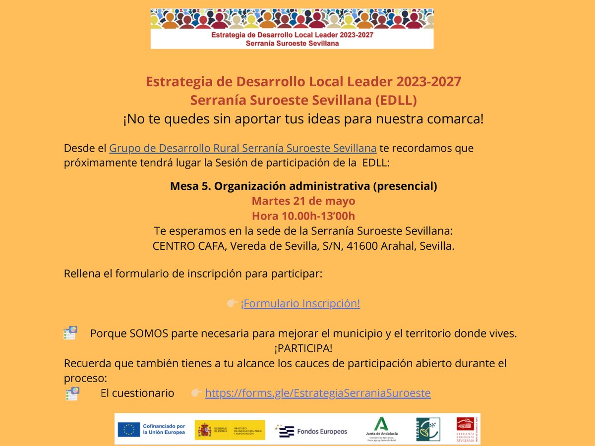 📷Este martes tienes una cita con el G.D.R. Serranía Suroeste Sevillana! 📷Segunda sesión dentro de las Jornadas participativas para el diseño de la 𝗘𝘀𝘁𝗿𝗮𝘁𝗲𝗴𝗶𝗮 𝗱𝗲 𝗗𝗲𝘀𝗮𝗿𝗿𝗼𝗹𝗹𝗼 𝗟𝗼𝗰𝗮𝗹 𝗟𝗘𝗔𝗗𝗘𝗥 𝟮𝟬𝟮𝟯-𝟮𝟬𝟮𝟳 de la Serranía Suroeste Sevillana.