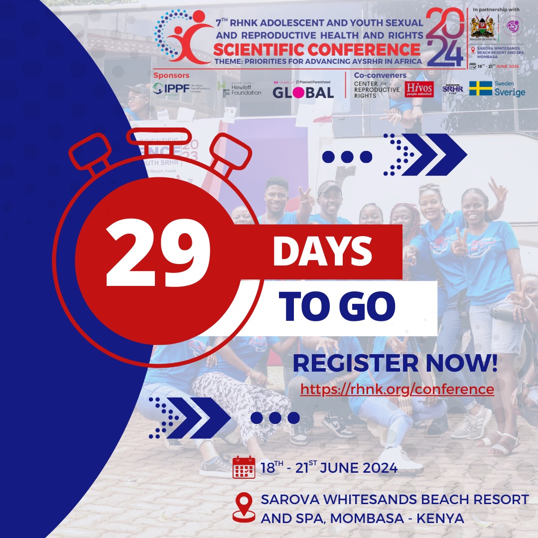 Are you ready? Only 29 days until #RHNKConference2024!Secure your spot now and learn from SRHR experts. Don't miss this regional event. Register today at rhnk.org/conference/r @IPPFAR @rhnkorg @eannaso @Hewlett_Found @ReproRights @HivosROSEA @KenyaSRHR @KELINKenya @Yvai_org