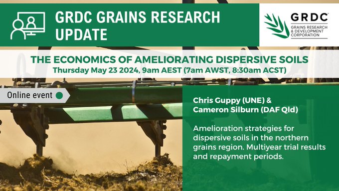 1/2 🌟 STARTING THIS WEEK - Online Grains Research Updates, northern region 🌟

🚜The economics of ameliorating dispersive soils
23 May, 9.00-10.15am (AEST)
👉️️ bit.ly/4bAFyhs 

Featuring Chris Guppy @UniNewEngland and Cameron Silburn @DAFQld

#GRDCUpdates