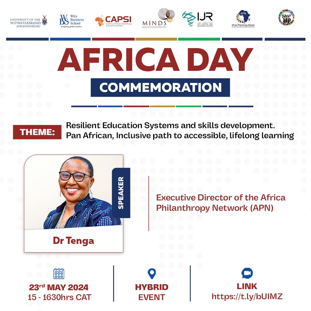 💡Africa Day Commemoration 2024 Speaker Spotlight 📣Dr. Tenga 📌Theme: Resilient Education Systems and skills development. Pan African, Inclusive path to accessible, lifelong learning. 🗒23 May 2024 ⏰1500hrs CAT 🔗Registration Link: zoom.us/webinar/regist…