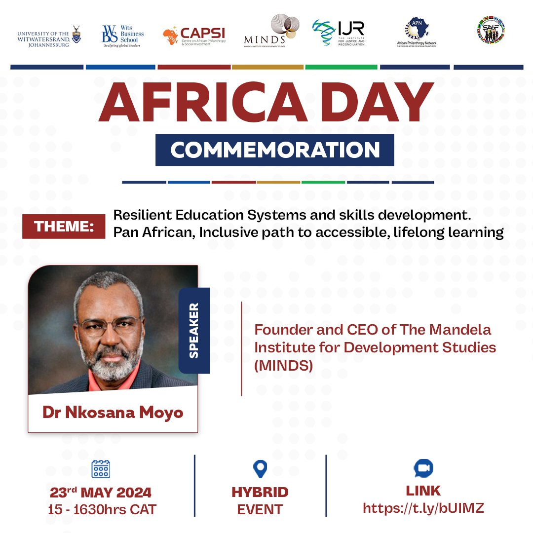 💡Africa Day Commemoration 2024 Speaker Spotlight 📣Dr. Nkosana Moyo 📌Theme: Resilient Education Systems and skills development. Pan African, Inclusive path to accessible, lifelong learning. 🗒23 May 2024 ⏰1500hrs CAT 🔗Registration Link: zoom.us/webinar/regist…