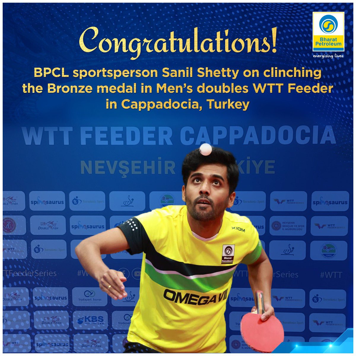 Heartiest Congratulations to BPCL’s sportsperson Sanil Shetty for winning the Bronze medal in Men’s Doubles Table Tennis at the WTT Feeder Championships in Cappadocia, Turkey! Your hard work and dedication have paid off! @ShettySanilTT #TableTennis #BronzeMedalist #ProudMoment