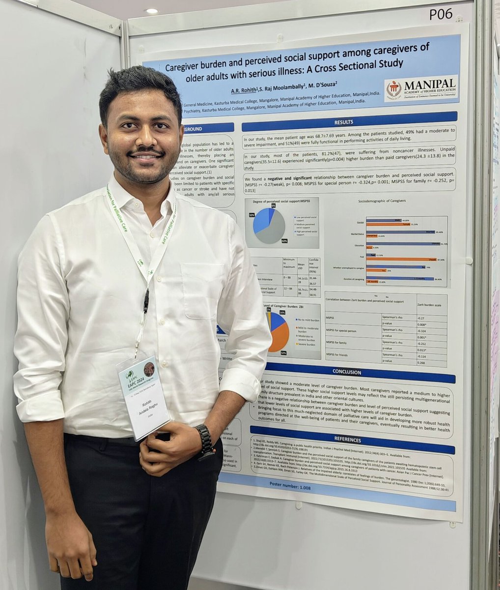 RohithAR9's tweet photo. Had an amazing time at #EAPC2024 presenting my poster on caregiver burden and perceived social support among caregivers for older adults with serious illnesses. 
#Barcelona https://t.co/BfyGtYl25h