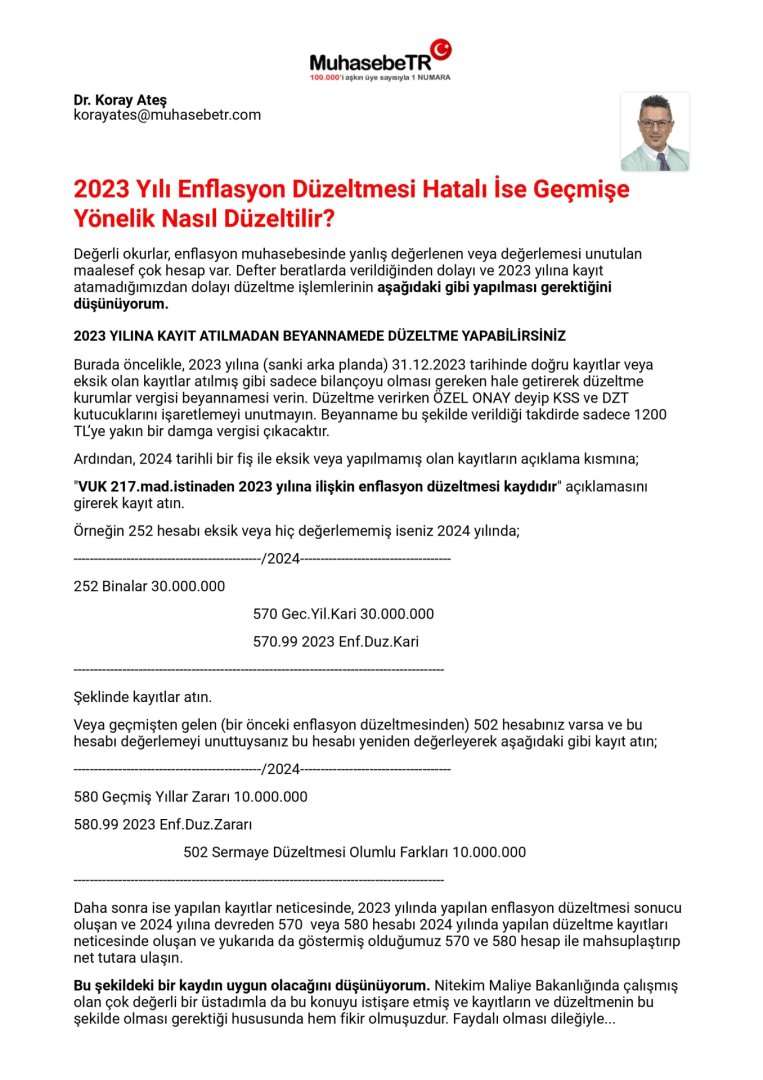 Dr. Koray Ateş - 2023 Yılı Enflasyon Düzeltmesi Hatalı İse Geçmişe Yönelik Nasıl Düzeltilir?
muhasebetr.com/yazarlarimiz/k…

📌 Mevzuattaki değişiklikler için bizi takip edin.
#muhasebe #muhasebetr #smmm #malimüşavir #muhasebeciler #mevzuat #vergi