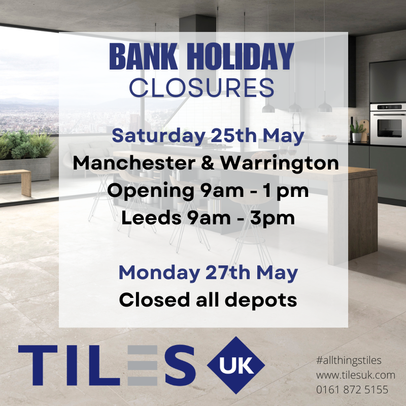 Bank Holiday Closures.

Saturday 25th May

Manchester &amp; Warrington 
Opening 9am - 1 pm 

Leeds 
9am - 3pm

Monday 27th May
Closed all depots

Have great Bank Holiday