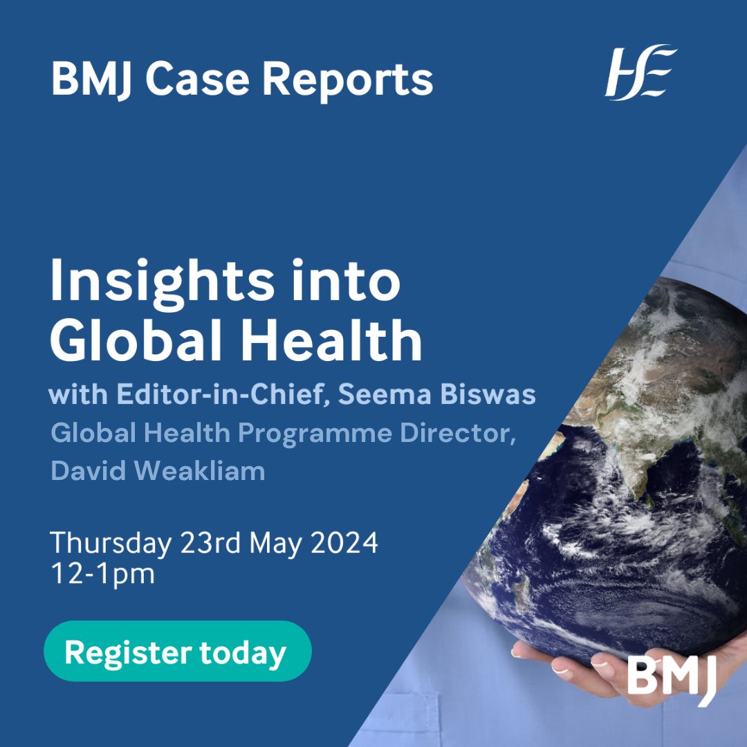 🚨 Friendly reminder! 🚨 Don't miss our Global Health webinar with @DavidWeakliam and @BMJCaseReports! 📅 Date: May 23, 2024 🕒 Time: 12pm ⏰ Duration: 1 hour Register now: bit.ly/HSEBMJGlobalHe… #globalhealth #healthcareprofessionals @aalawton @HSE_HR @NDTP_HSE @WeHSCPs