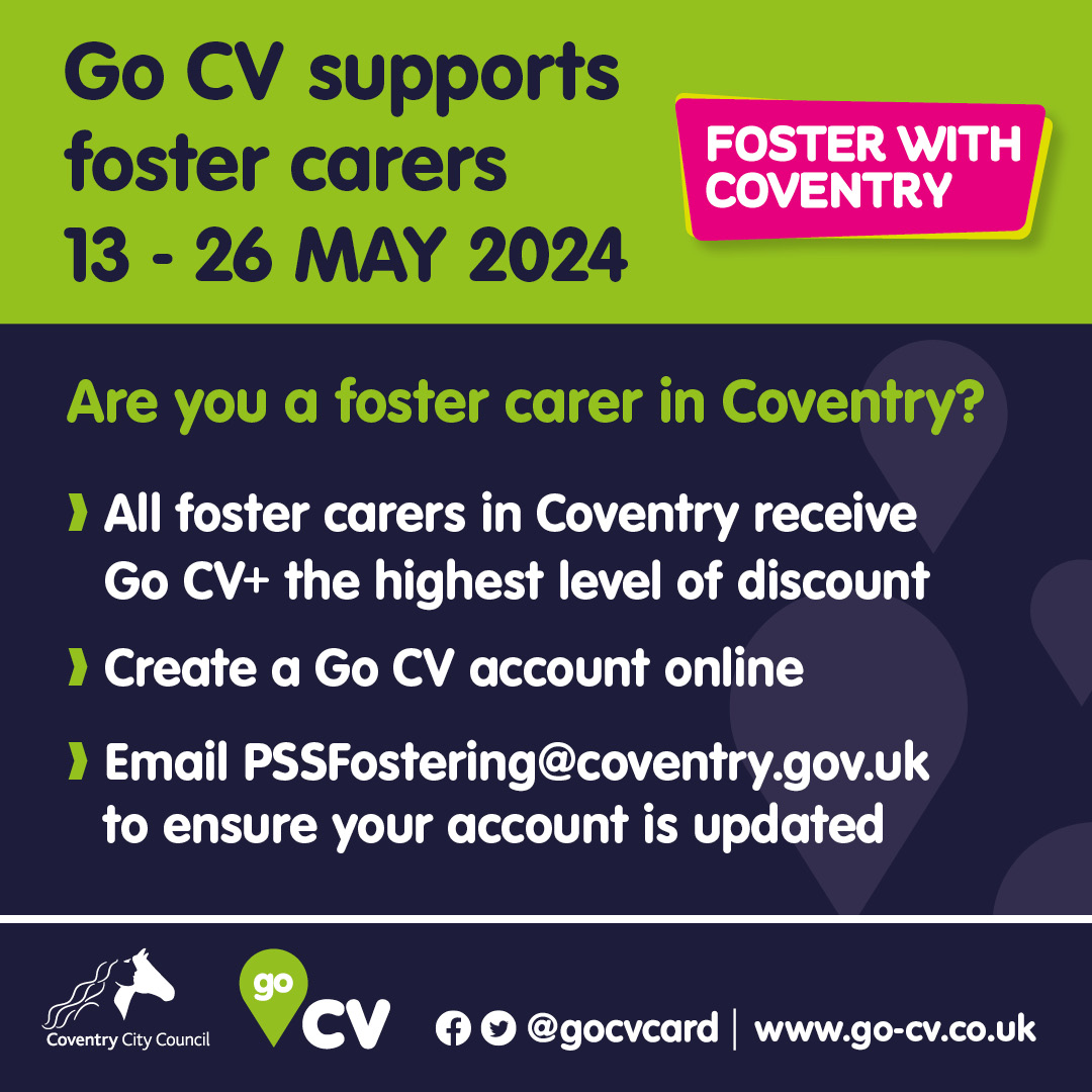 It's the annual #fostercarefortnight and #GoCV plays its part in recognising all our amazing foster carers 🤝 🔊 Foster carers of Coventry qualify for Go CV+ 🔊 Register Go CV ⏩ orlo.uk/vIeVH 🔊 Foster for Coventry ⏩ orlo.uk/H7oOf @FosterWithCov