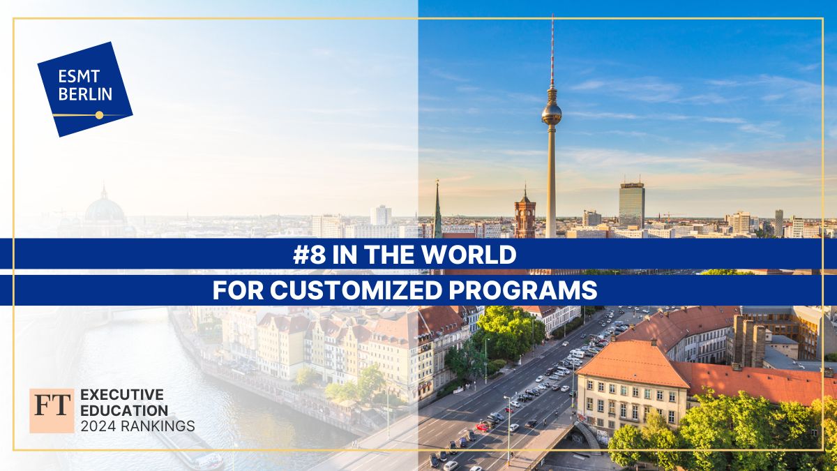 ESMT Berlin’s customized executive education programs have maintained a top ten global ranking in the latest @FT executive education ranking, achieving 8th worldwide and excelling in program design and achieving aims. ow.ly/rVjT50RMPBx #ranking #financialtimes
