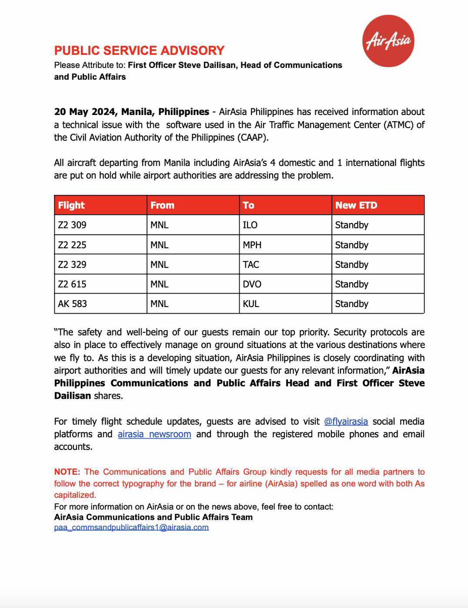 FLIGHT ADVISORY: Expect delays for departure and arrival at the Ninoy Aquino International Airport on Monday, May 20th, due to a software technical issue at the Air Traffic Management Center of the Civil Aviation Authority of the Philippines. Read the full travel advisory here: