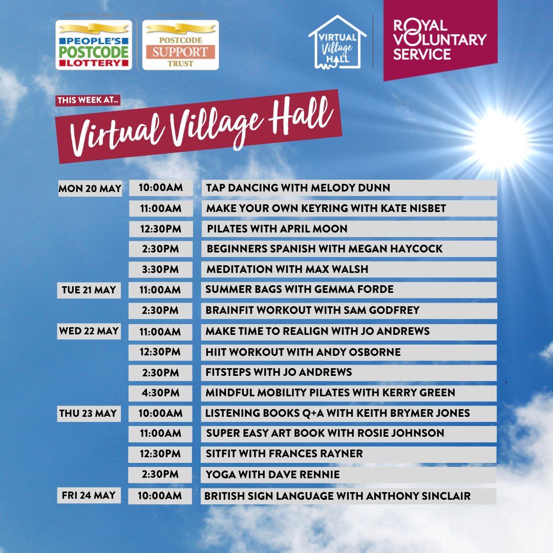 Check out this week's timetable!👇🏼 

Watch any of our sessions again at a time that suits you best on YouTube, Facebook or our Website!

Facebook: orlo.uk/YyFdt
YouTube: orlo.uk/FCDWV
Website: orlo.uk/Nph5K

#VirtualVillageHall  #OnlineActivities