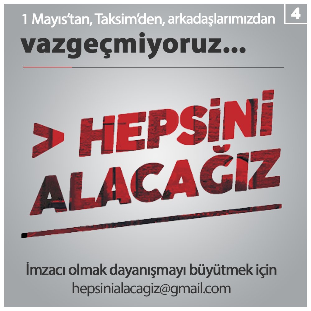 ⚡️ 1 Mayıs'tan, Taksim'den, arkadaşlarımızdan vazgeçmiyoruz! 📢 100’ü aşkın aydın, yazar, gazeteci ve sanatçı #HepsiniAlacağız’ın çağrısıyla 1 Mayıs'ta tutuklananların serbest bırakılmasını istedi 📝 Çağrı metni ve imzacı listesi için: 🔗 medium.com/@hepsinialacag…