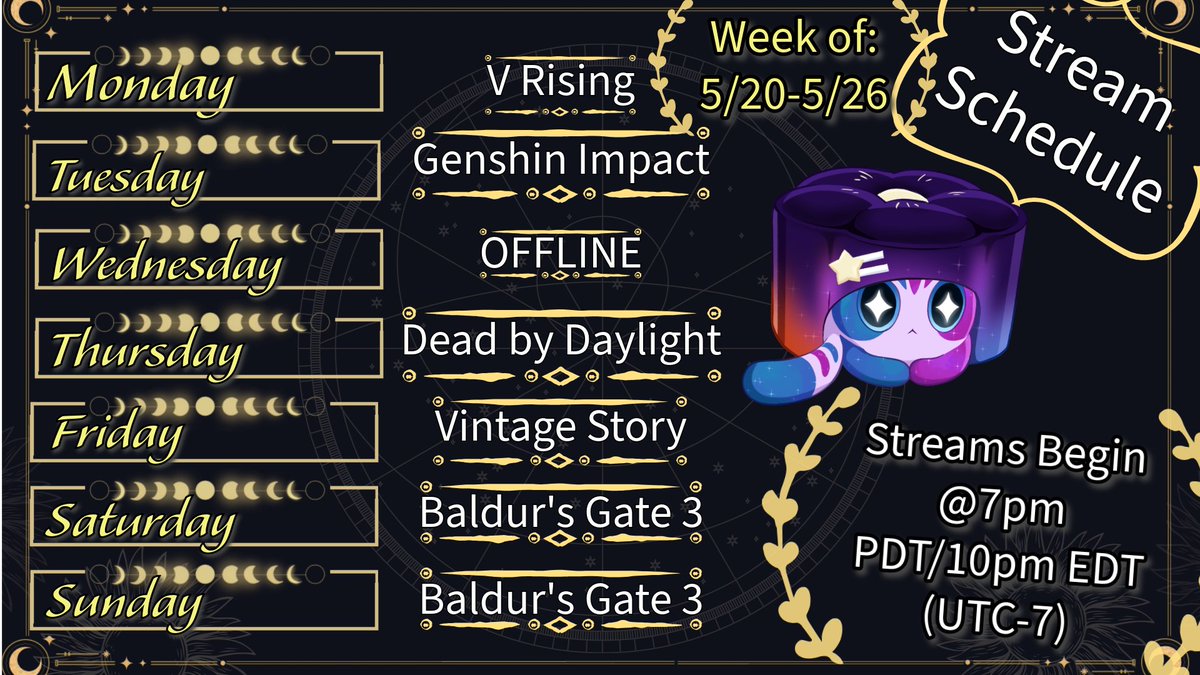 Schedule for the week is here! We'll be returning to dead by daylight on thursday since Dead Space was not playable on stream. I look forward to chatting with all of you!