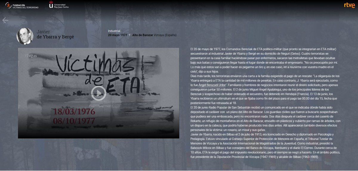 Siempre en la #memoria. El 20-05-77, JAVIER DE YBARRA Y BERGÉ, industrial, fue asesinado en el Alto de Barazar por #ETA. Secuestrado, torturado y asesinado, ETA exigió mil millones de pesetas para su liberación. Su cuerpo apareció el 22/06. Tenía 64 años. rtve.es/aplicaciones/v…