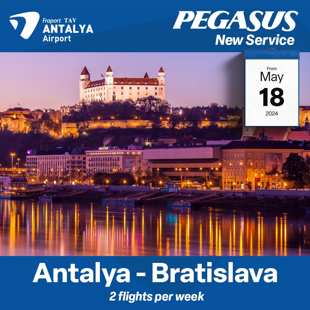 ✈️ Pegasus'tan yeni uçuş noktası! 18 Mayıs itibariyle haftada 2 kez gerçekleştirilecek olan Antalya-Bratislava uçuşlarını duyurmaktan mutluluk duyuyoruz. . #destination #flights #tatil #bratislava #antalya #antalyaairport