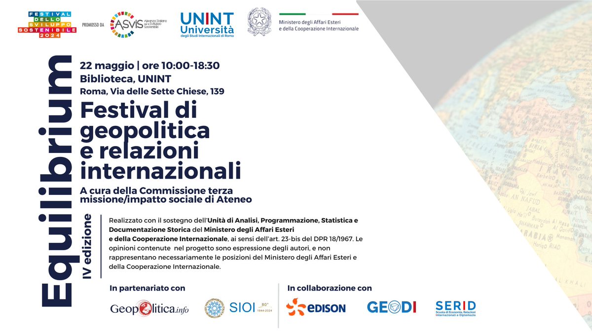 🎙Partecipa alla IV edizione di Equilibrium - Festival di Geopolitica e Relazioni Internazionali a cura di <a href="/UnintUniversita/">UNINT Università</a>!

📅 22 maggio 2024, 10-18.30

Con il sostegno di <a href="/ItalyMFA/">Farnesina 🇮🇹</a> e con <a href="/Edison4Gov/">Edison4Gov</a> <a href="/Geopoliticainfo/">Geopolitica.info</a> <a href="/SIOItweet/">SIOI UNA ITALY</a> 

Info e programma ➡️ t.ly/louHx
