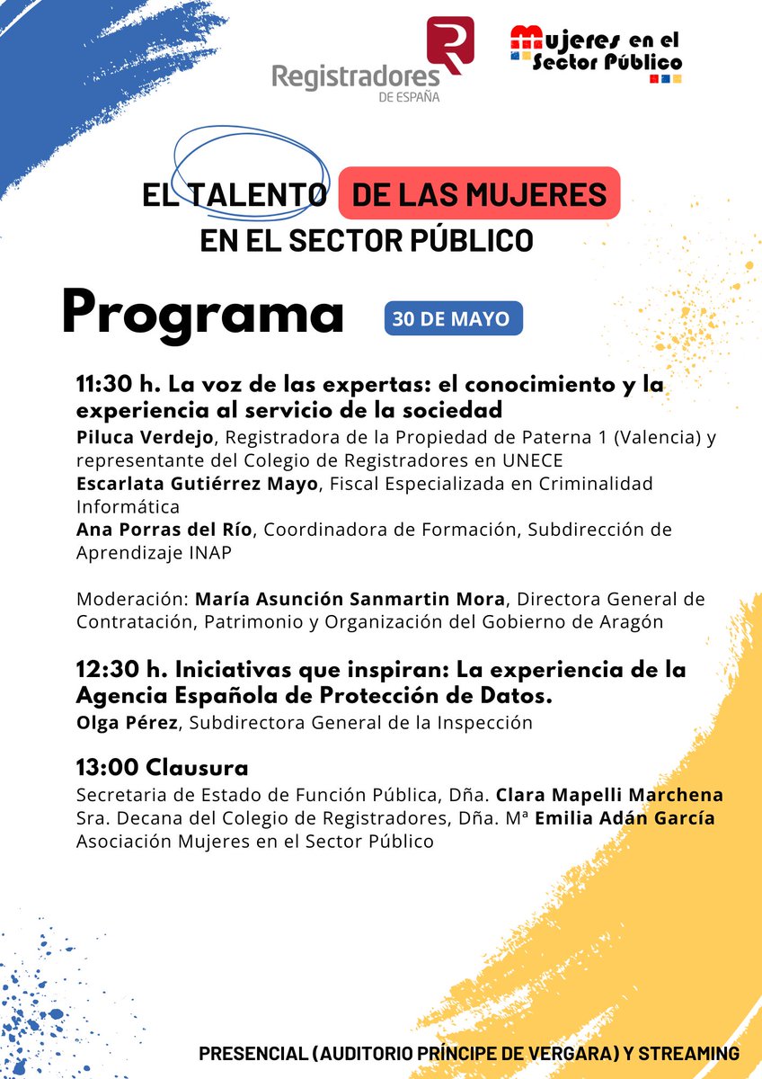 MujeresSP's tweet photo. 📢Conoce el programa actualizado en la jornada sobre Talento de las mujeres en el Sector Público que tendrá lugar el próximo 30 de mayo en Madrid. 
Contaremos también con la @AEPD_es 
Más info e inscripciones aquí 👇
https://t.co/zNHd6qaJq5 https://t.co/1akr9GBiK0