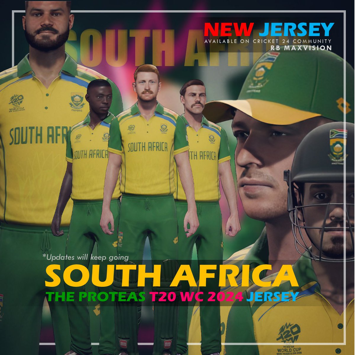 #Cricket24 | @ProteasMenCSA | #SouthAfrica New #T20WorldCup2024 Jersey | Available on Cricket 24 Community | Academy name : RB Maxvision
@AJMods99 @Cricket23game @CricketGamesFMA @ICC @T20WorldCup @DavidMillerSA12 @Amul_Coop #Cricket24NewJersey @KagisoRabada25 #AJMods99 @ICC