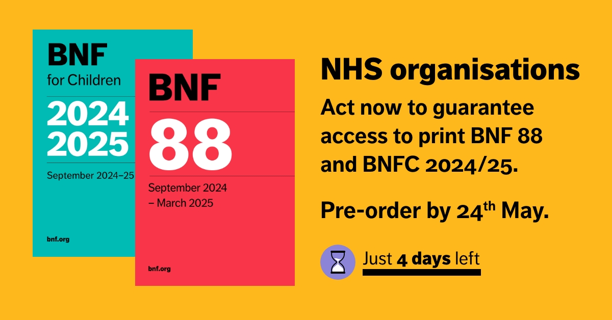 NHS organisations - Act now to guarantee access to print BNF 88 and BNFC 2024/25. Pre-order by 24th May: bit.ly/4abLKeJ Just four days left. @bmj_company @bmj_latest @RCPCHtweets @rpharms @EditorNPPG