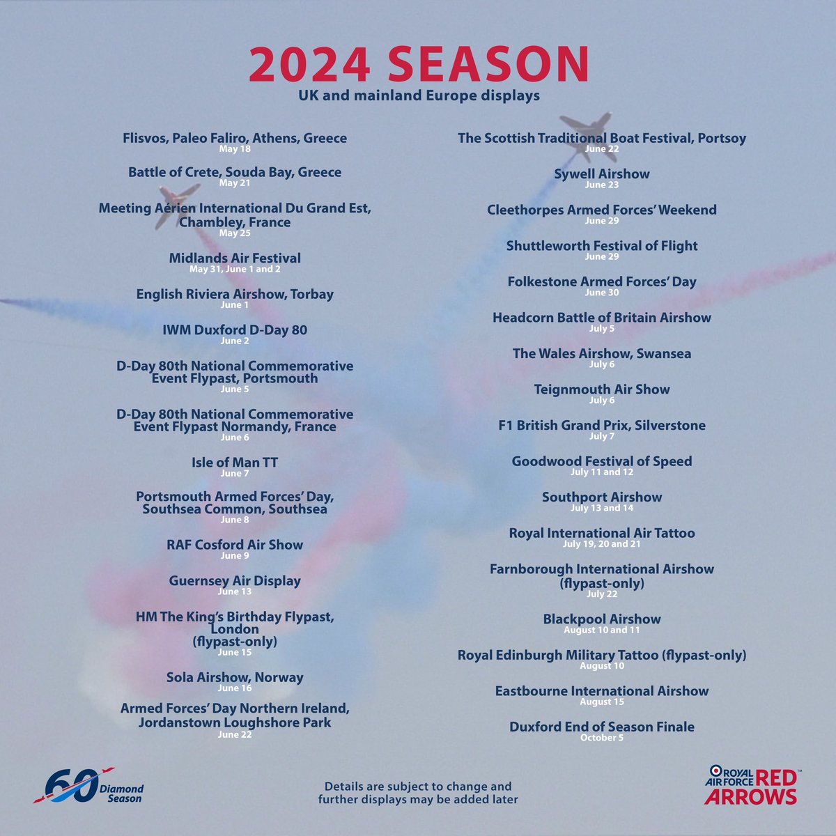 Where to see the #RedArrows in the UK and mainland Europe in 2024 - display dates for the 60th season.