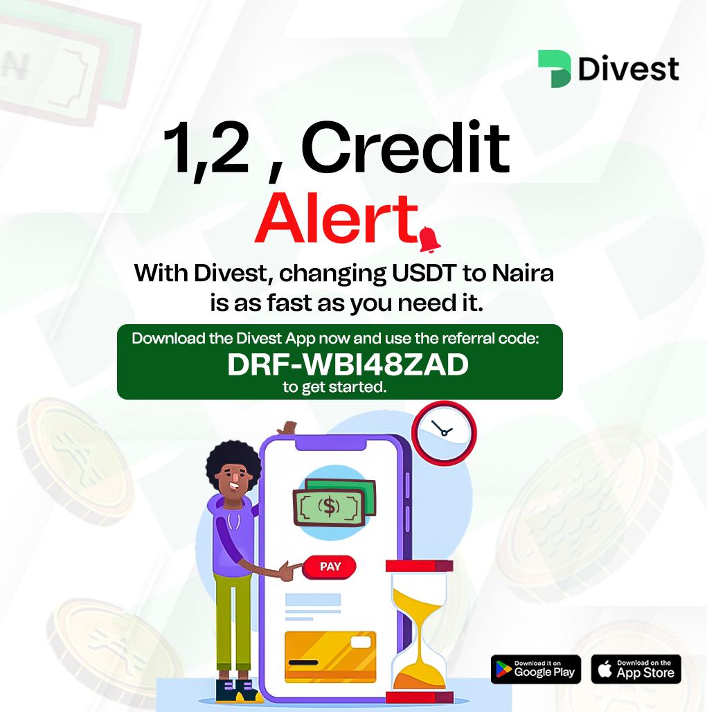 Omo, this app is amazing! I just used this Divest app to change my USDT to Naira & I got my money in minutes! 😮 Download here play.google.com/store/apps/det… & start enjoying referral code: DRF-WBI48ZAD