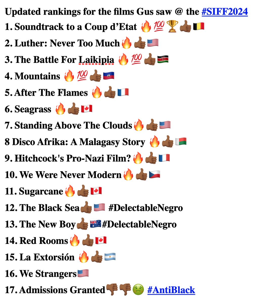 UntilJustice's tweet image. Gus T.&apos;s final film rankings for the 2024 Seattle International Film Festival #SIFFTY
Out of 17 films, only 1 was bad.
EVERY film I saw with black people in it, dealt with Racism.
2 different films showed black males dancing with their black moms. I though that was extraordinary.