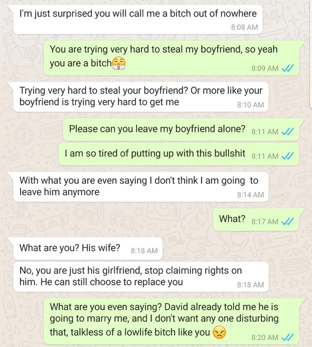 HaYoMiDe_'s tweet photo. This phony conversation between this side chick and the main girlfriend is all you wanna read today😂😂

Open the thread for the complete part 😂😂 https://t.co/NSwSdzTpH7