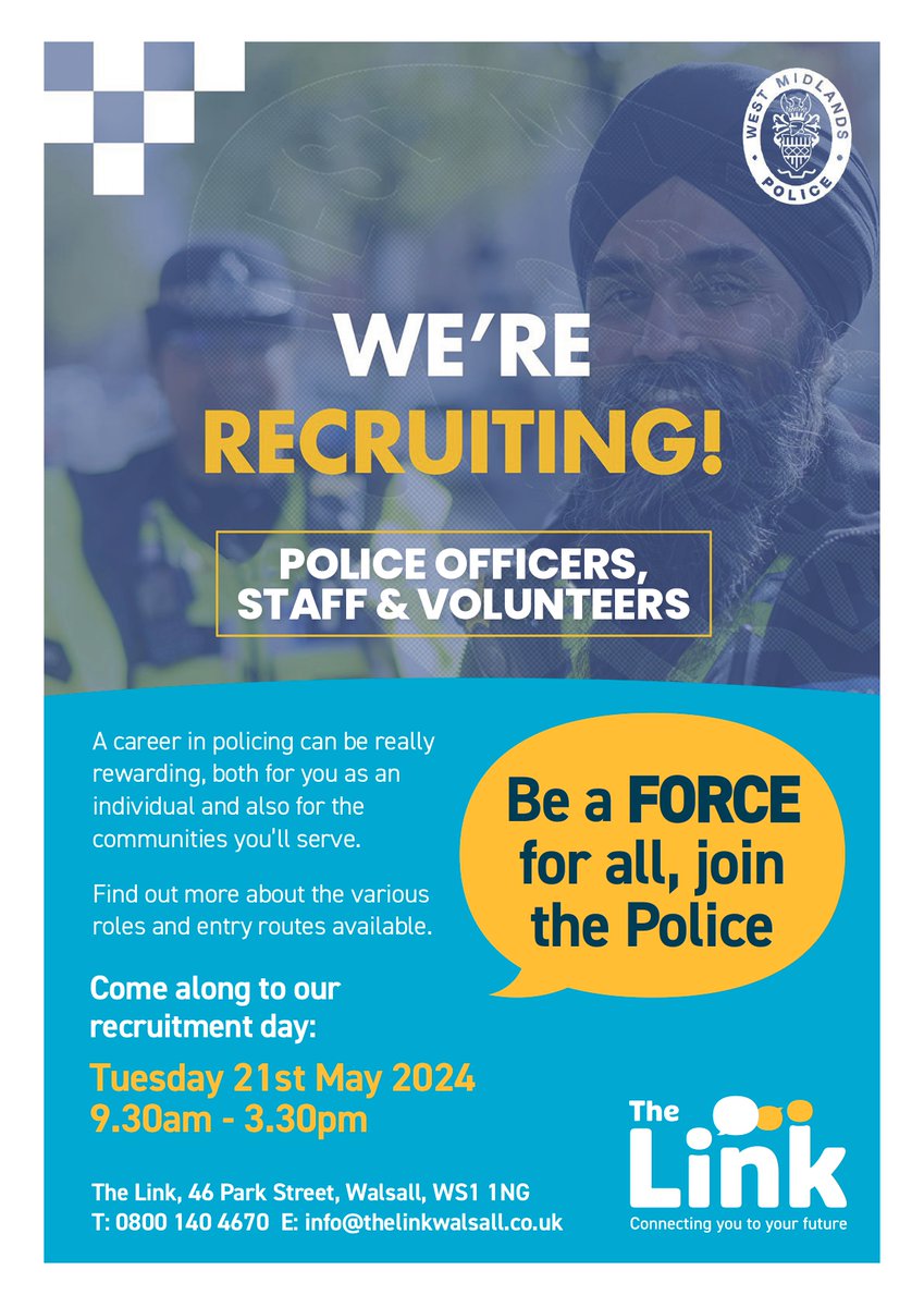 WMP Careers (@jobswmp) on Twitter photo Join us tomorrow at The Link on Park Street in Walsall with <a href="/WalsallPolice/">Walsall Police</a> and come speak to us about a #careerinpolicing at <a href="/WMPolice/">West Midlands Police</a> as we work in partnership with <a href="/WalsallWorks/">Walsall Works</a> Join us tomorrow at The Link on Park Street in Walsall with <a href="/WalsallPolice/">Walsall Police</a> and come speak to us about a #careerinpolicing at <a href="/WMPolice/">West Midlands Police</a> as we work in partnership with <a href="/WalsallWorks/">Walsall Works</a>