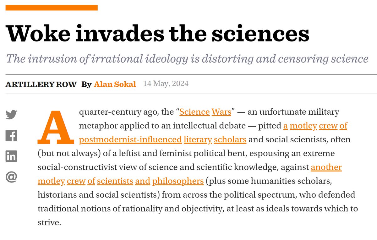 Lesetipp kurz nach der Richtungswahl in der #GWUP: Alan Sokal schreibt im britischen <a href="/TheCriticMag/">The Critic</a> über einen der zentralen Streitpunkte: Wie #Wokeness als irrationale Ideologie die Wissenschaft verzerrt.

"It is never justified to distort the facts in the service of a social or