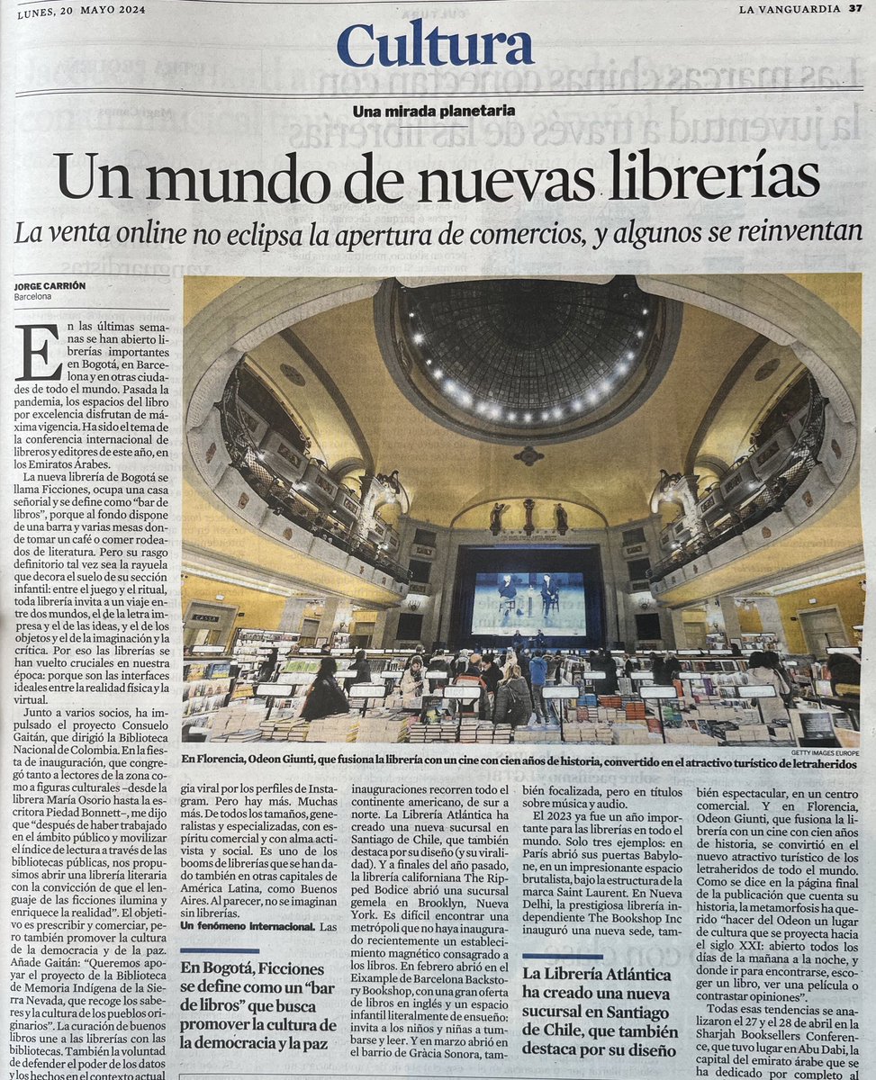 Hoy @LaVanguardia dedica dos páginas a las nuevas librerías del mundo, empezando en Ficciones de Bogotá y terminando en Nowhere, de Tailandia, con doble parada en Barcelona: lavanguardia.com/cultura/202405… Buen viaje, letraheridos.