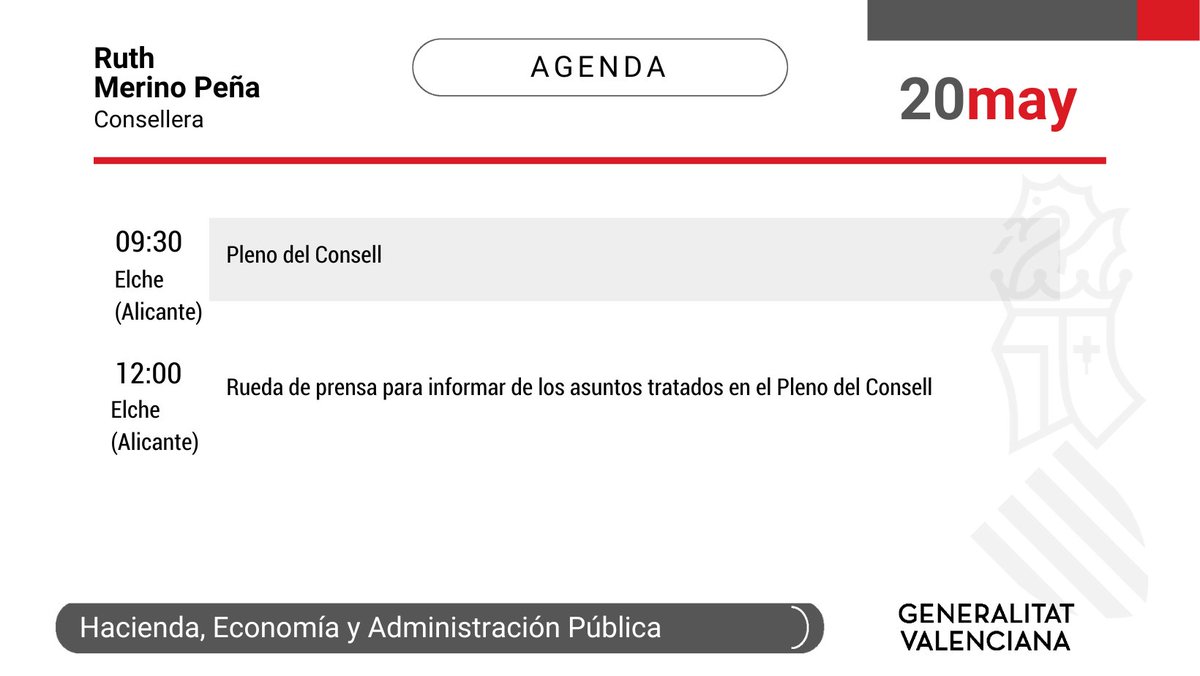 🗓 Agenda de la consellera de #Hacienda, #Economía y Administración Pública @rut_merino 📷Lunes, 20 de mayo de 2024