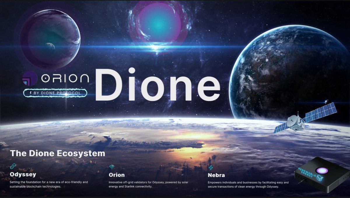 @DioneProtocol Powering the Crypto Revolution with Renewable Energy ☀️ 🍃 

First in the industry, DePIN validator, Orion by $DIONE, embeds unique #Al to detect and prove the usage of green energy on-chain networked by @Starlink, promising scalability. 

💫 DIONE Ecosystem: