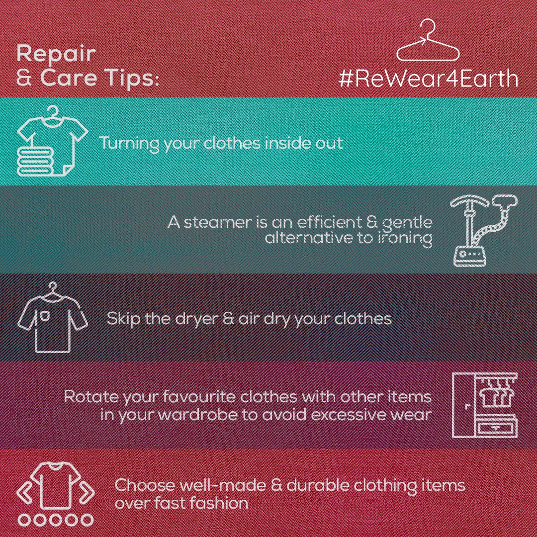 Just like us, our clothes need care too.
Prolong the life of your wardrobe and support the planet with these sustainable repair and care tips.

#ReWear4Earth #SustainableFashion #WardrobeCare #EcoFriendly