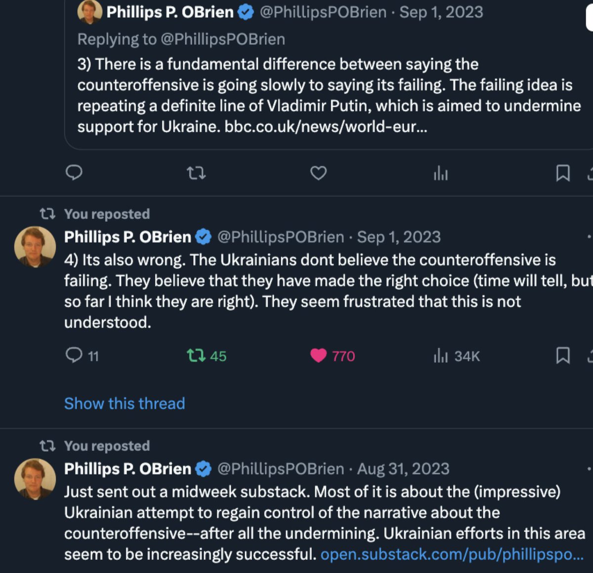 1/ Thread on failure of old parties, academia, media, think tanks, government bureaucracies on UKR war The Cadwalladr of IR, Prof Obrien, has been one of the most extreme and delusional. After every failure he just creates a new fake story, blames a lack of willingness to risk