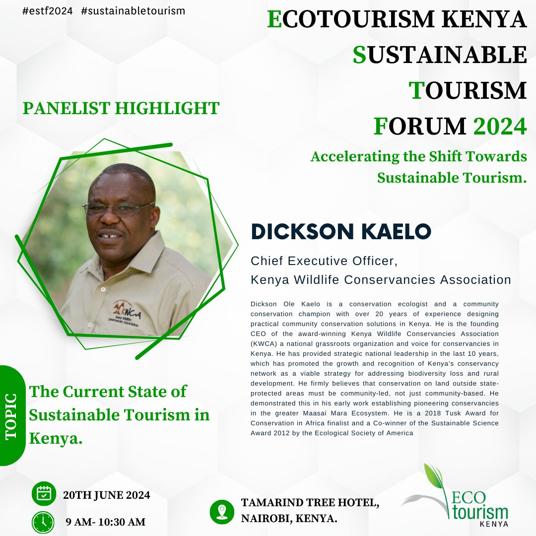 #PanelistHighlight
 
❇️Excited to welcome Dickson Kaelo to the stage at @ecotourismkenya's Sustainable Tourism Forum 2024! 

❇️Gain insights and engage him in the discussion on The Current State of Sustainable Tourism in Kenya.

#OpportunityMonday 

+