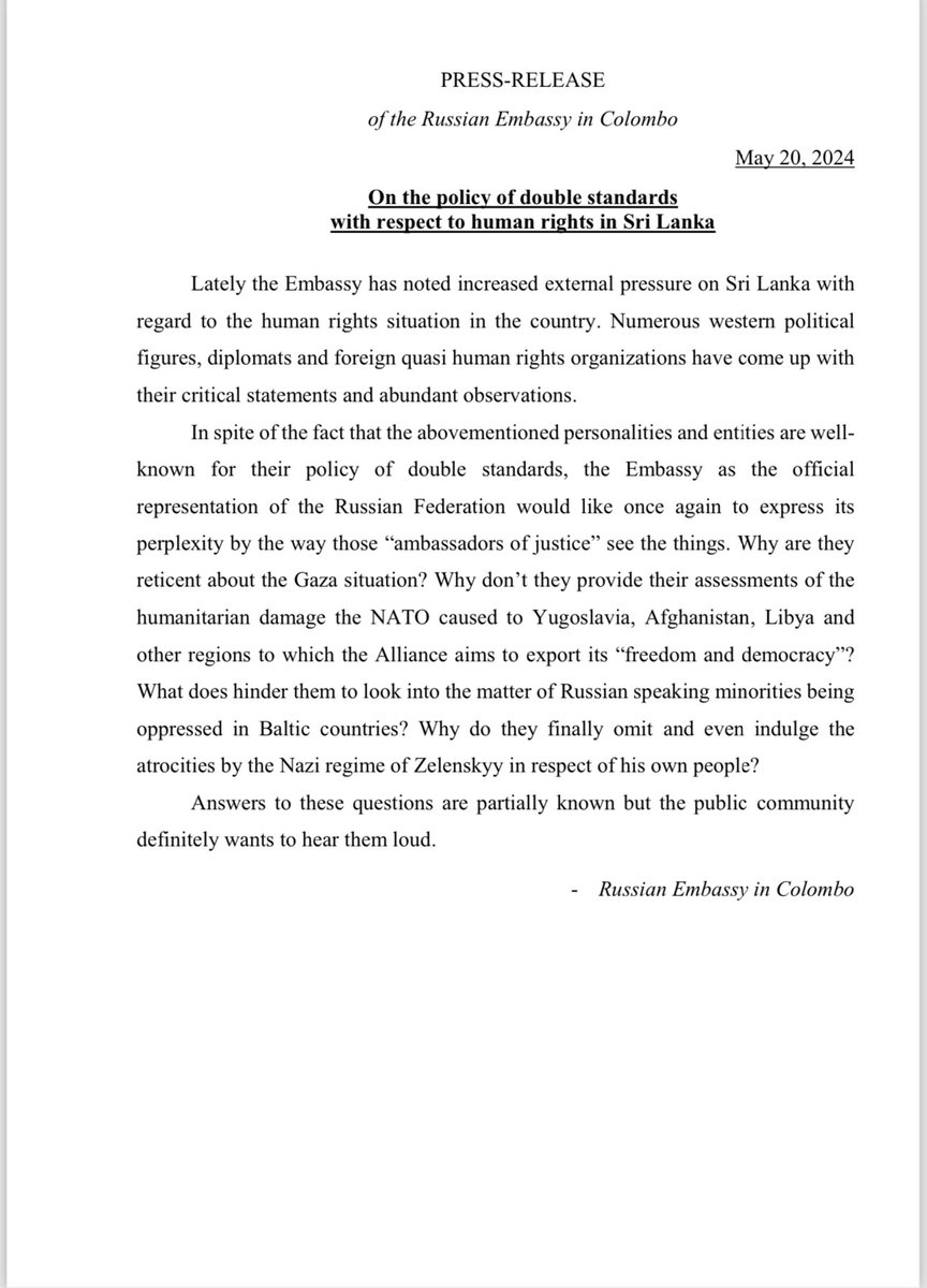 ⚡️ Press-release of the Russian Embassy regarding third parties assessments of human rights situation in Sri Lanka
