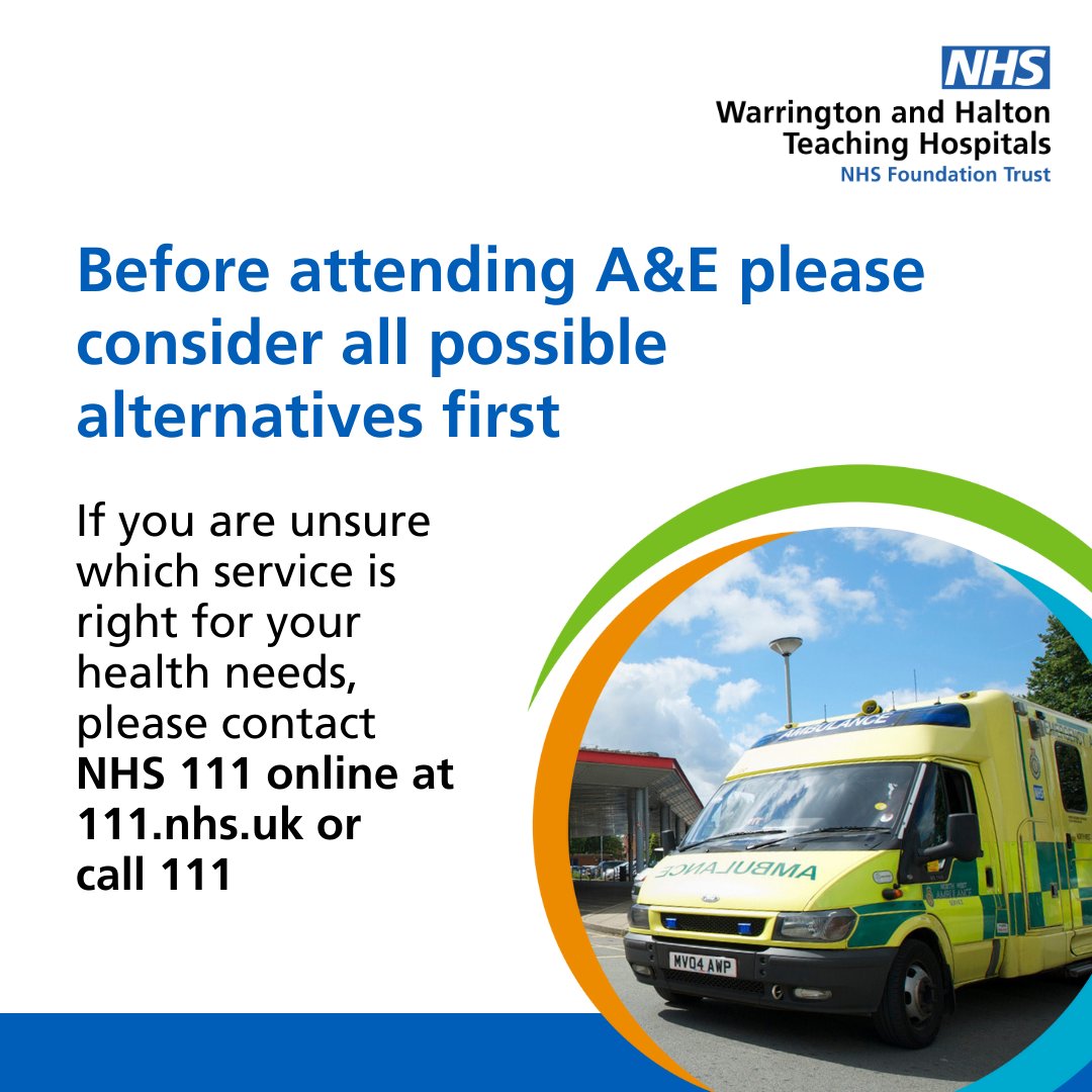 Before attending A&E please consider all possible alternatives first. If you are unsure which service is right for your health needs, please contact NHS 111 online at ow.ly/bfYO50R4lGc or call 111. Read about the options available 🔽 ow.ly/SLfi50R4lGa