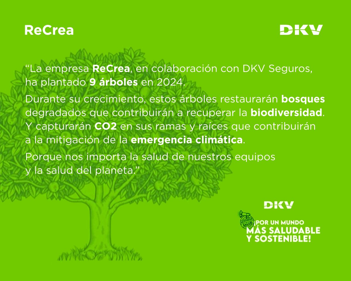 recrea___'s tweet photo. "En DKV queremos tener un impacto positivo en el planeta y contribuir a la restauración de la biodiversidad con un millón de árboles antes del 2030". 💚 🌳

#DKV #ReCrea https://t.co/RCZLHI9gDz