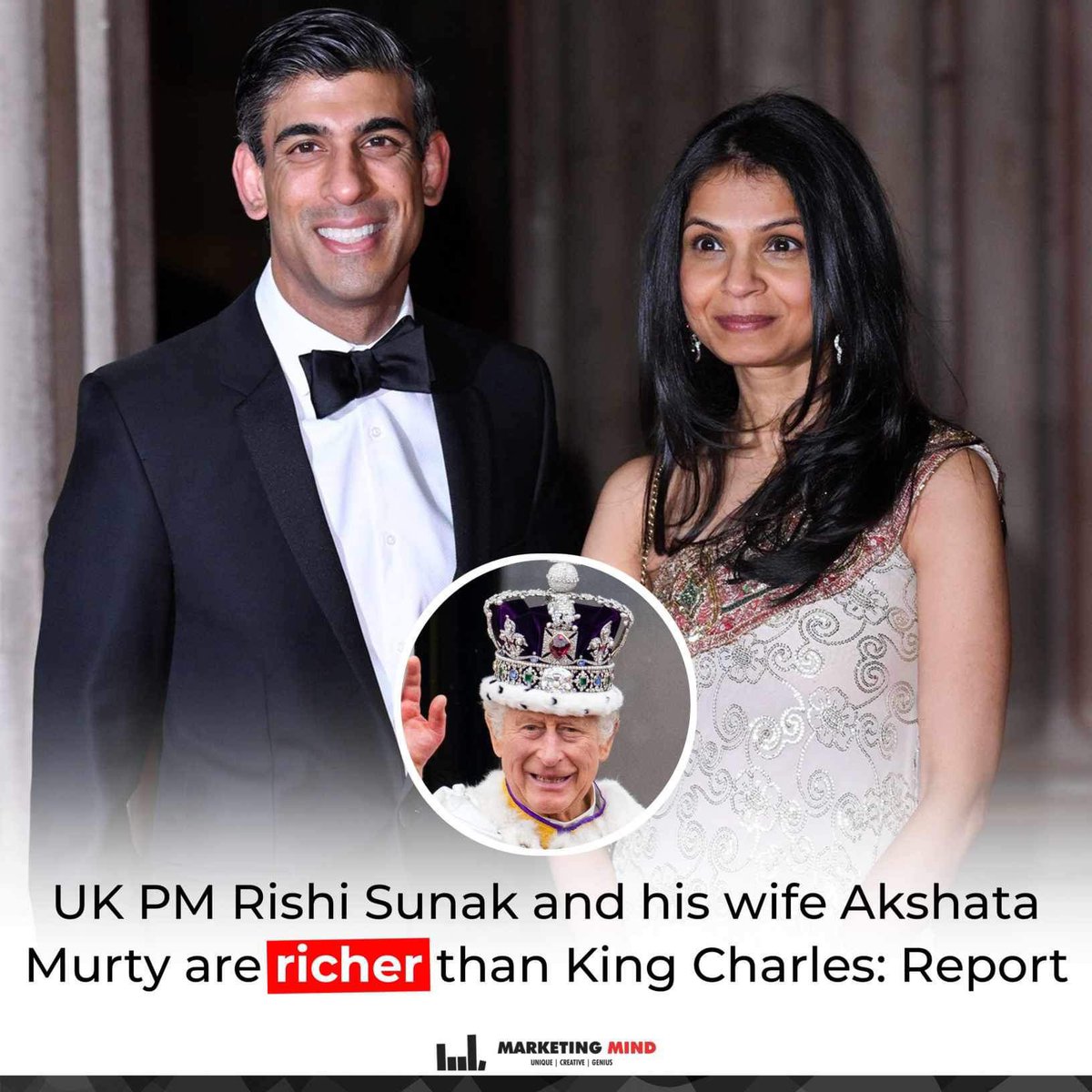 According to the latest annual Sunday Times Rich List, Rishi Sunak and his wife Akshata Murty's wealth surged by 122 million pounds, reaching 651 million pounds, largely due to Murty's stake in Infosys. #MarketingMind #WhatsBuzzing #RishiSunak #Report