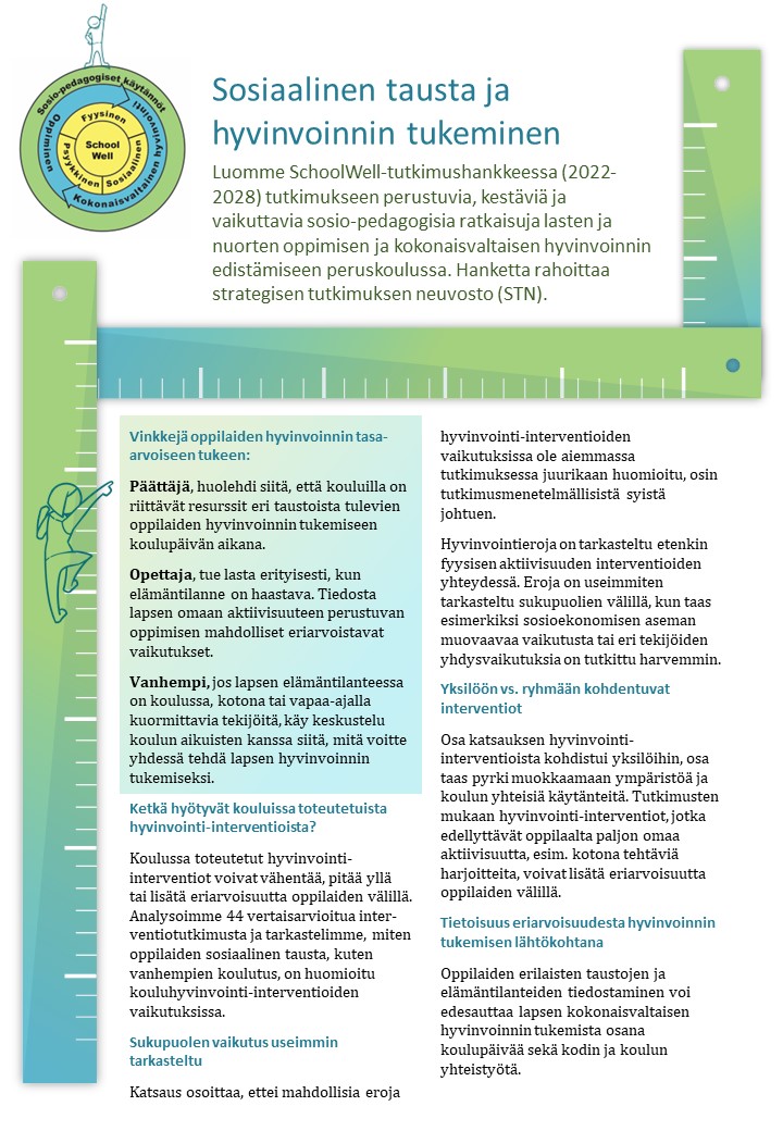 Miten oppilaiden sosiaalinen tausta, kuten vanhempien koulutus, on huomioitu kouluhyvinvointi-interventioiden vaikutuksissa? Analysoimme 44 vertaisarvioitua interventiotutkimusta ja tiivistimme katsauksen posteriksi. Lue lisää ja katso vinkit👇 helsinki.fi/assets/drupal/…