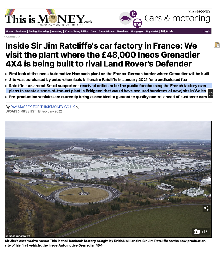... and as for Jim Ratcliffe blaming others for how his beloved Brexit hadn't turned out how he'd hoped This Jim Ratcliffe ? who ditched his promise to create hundreds of jobs in Wales to take advantage of EU supply chains in France ? Details👇in *checks name* 'This is MONEY'