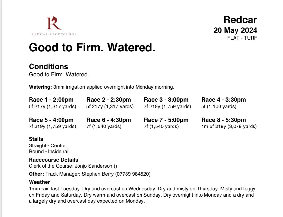 GOING - the going for today’s race meeting is Good to Firm. Watered.