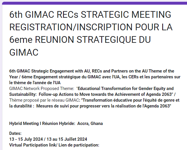 📢𝐑𝐄𝐆𝐈𝐒𝐓𝐑𝐀𝐓𝐈𝐎𝐍 𝐎𝐏𝐄𝐍! #6GIMAC Strategic Engagement with @_AfricanUnion , RECs and Partners on the AU Theme of the Year. Happening:🗓️13- 15 July, 2024 | 📍Accra, Ghana🇬🇭 Register to Participate: 👇docs.google.com/forms/d/e/1FAI…