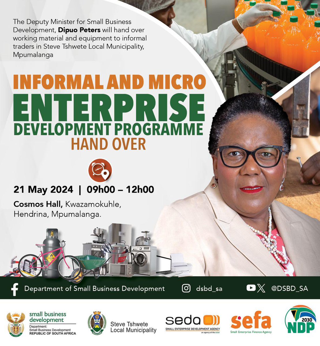 DSBD_SA's tweet image. Deputy Minister for Small Business Development, Ms Dipuo Peters will hand over working material and equipment to informal traders at Cosmos Hall, Kwazamokuhle, Mpumalanga Province.
#IMEDP #dsbdupliftinginformalsmmes