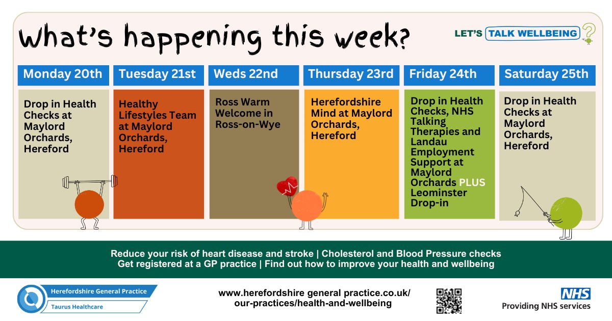 See below for what's happening at our Talk Wellbeing Hub in Hereford this week and details of our pop-up events. Please do come and meet our friendly team if you're in the area! See below or for more details: herefordshiregeneralpractice.co.uk/health-and-wel…. @HfdsCouncil @NHS_HW @HWHerefordshire